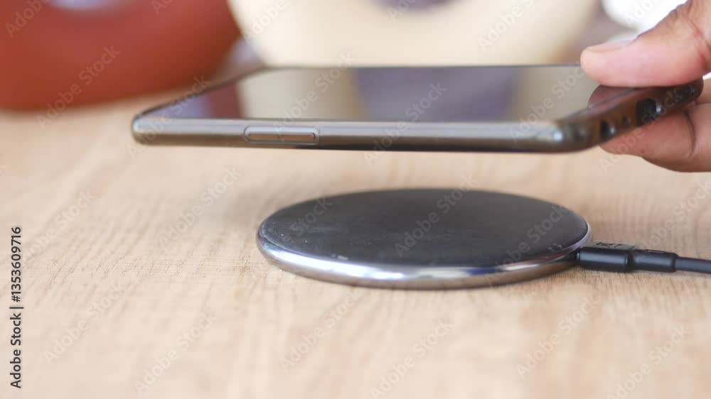 Wireless charger in use on a wooden table near decorative objects