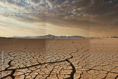 Scorching Sun Shines Over Cracked, Dry Desert Ground, created with generative AI technology	
