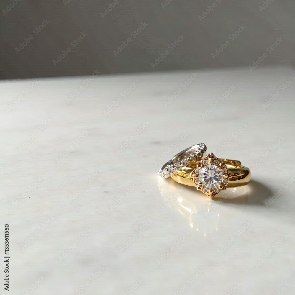 Obraz premium Elegant Gold and Diamond Ring Showcasing Luxury and Craftsmanship on Polished Marble Surface Background