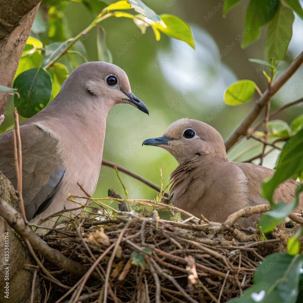 Obraz premium Dove with Chick in Nest – Wildlife Nature Photography