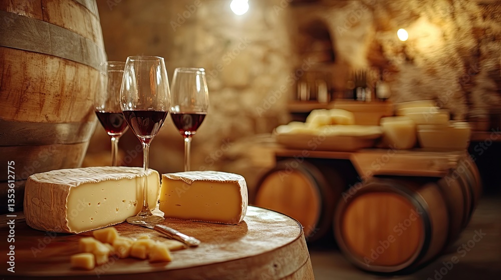 Fototapeta premium Gourmet Cheese and Red Wine Pairing in Rustic Cellar Setting