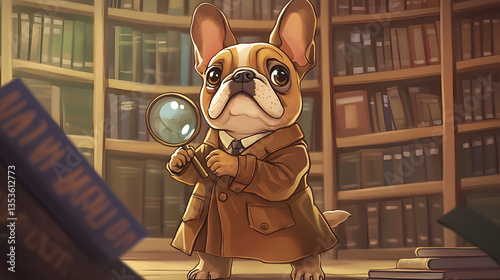 Adorable French Bulldog Detective in a Library