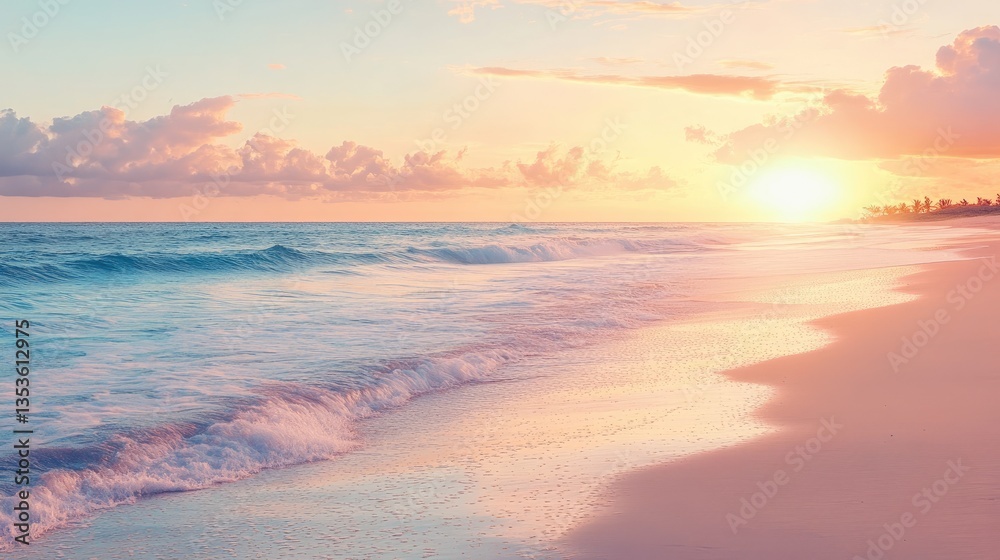 Serene Beach Sunset with Gentle Waves and Colorful Sky Serene Beach Sunset with Gentle Waves and Colorful Sky