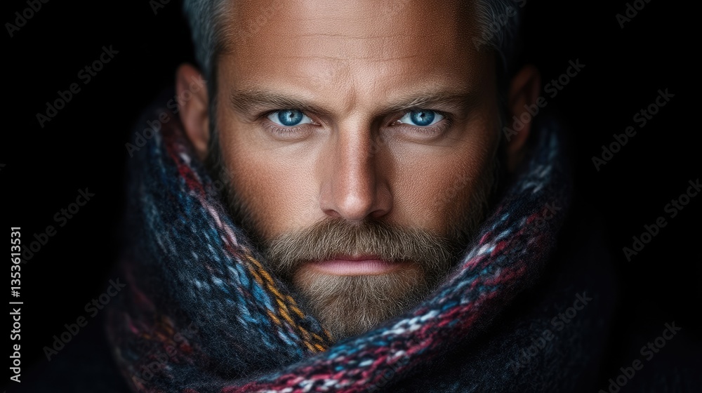 Close-up portrait of a man with a colorful scarf, intense gaze, and a full beard Close-up portrait of a man with a colorful scarf, intense gaze, and a full beard