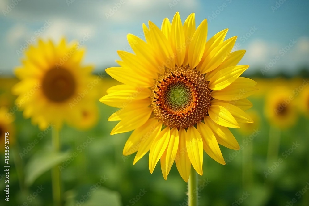 Three sunflowers in a field with one in focus and two blurred, growth, Focus, environment