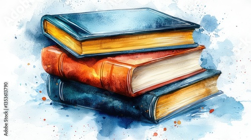 Three stacked books illustrated with colorful watercolor effects