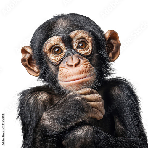 Introspective chimpanzee portrait with hand to chin set against a clear backdrop showing its thoughtful expression An adorable primate photo