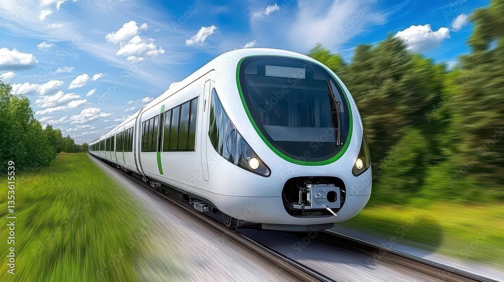 Naklejka premium Modern White High Speed Train in Green Landscape
