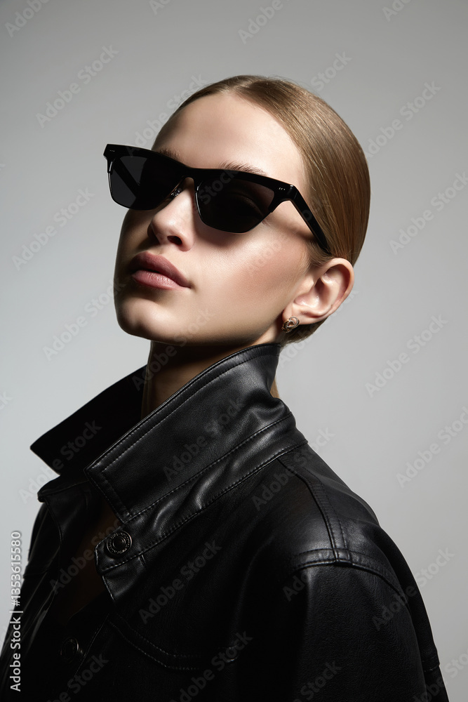 pretty blond girl in black glasses and leather coat