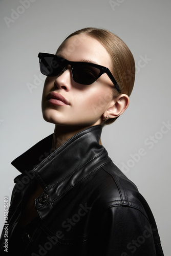 Obraz na płótnie pretty blond girl in black glasses and leather coat w salonie