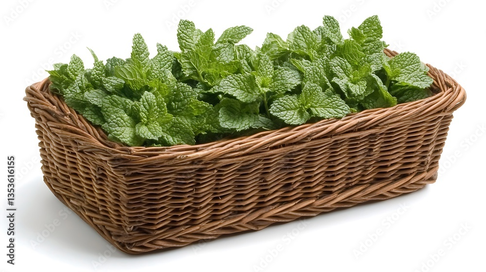 Fresh Mint Sprigs in Wicker Basket. Fresh Mint Sprigs in Wicker Basket.
