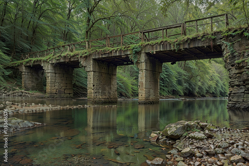 Old Wooden Bridge Standing Over a Flowing River, created with generative AI technology	
