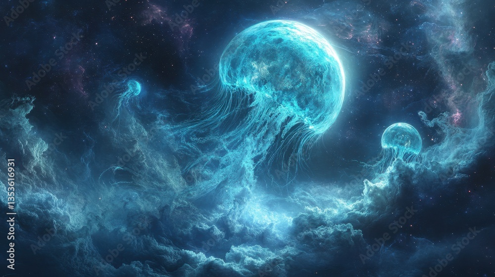 Naklejka premium An ancient alien planet with two suns, covered in towering crystalline mountains and rivers of glowing blue energy. 