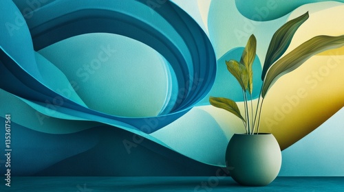 A tranquil blue wallpaper with gradients of green, yellow, and soft grey blending effortlessly into one another,A vibrant blue wallpaper with sweeping gradients of green, yellow, and grey creating a m