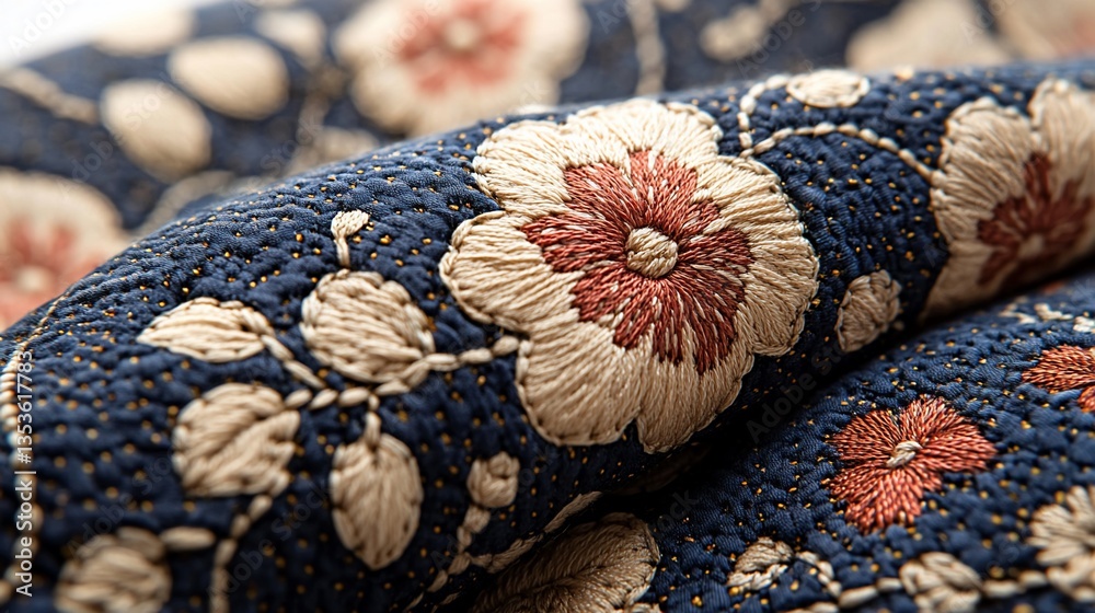Close-up of navy blue fabric with embroidered flowers.