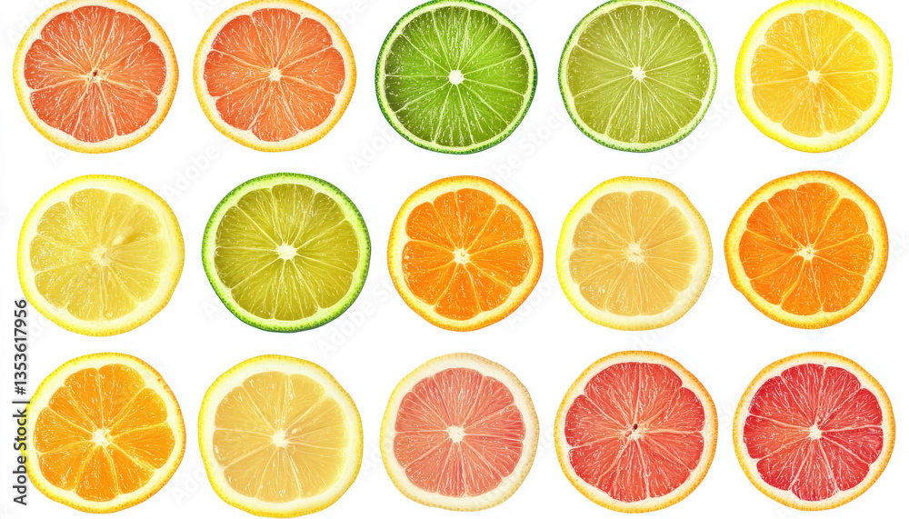 Fototapeta premium Vibrant Citrus Fruit Slices Background Collection of juicy lemons limes oranges and grapefruits