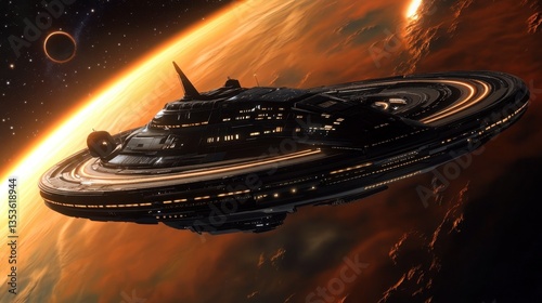 A futuristic space station orbiting a massive gas giant, with glowing lights and sleek metallic structures reflecting the distant sun. 