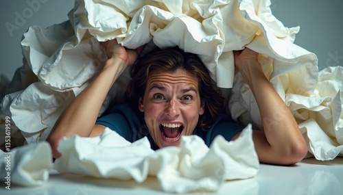 Unrecognizable figure trapped under a pile of crumpled papers, struggling to break free, papers, chaos, escape