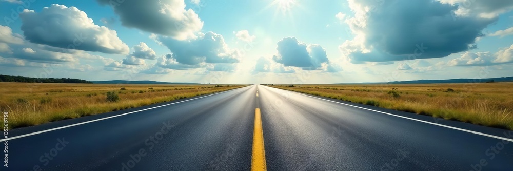 Naklejka premium Vanishing point perspective of empty asphalt road under cloudy sky, asphalt, road, nature