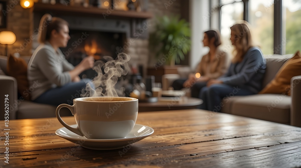 A warm cup of coffee sits on a wooden table, with steam rising gently, while friends engage in lively conversation in a cozy living room setting. A warm cup of coffee sits on a wooden table, with steam rising gently, while friends engage in lively conversation in a cozy living room setting.