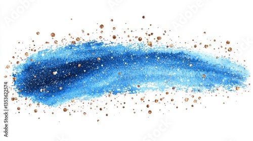 Blue watercolor brush stroke with golden glitter splatters art