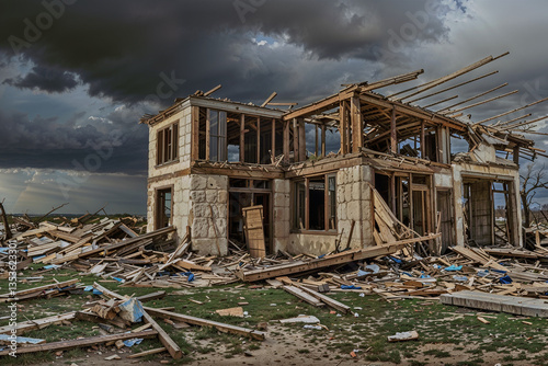 Destroyed House Amidst Storm Debris and Broken Trees, created with generative AI technology	
