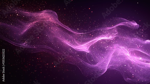 Purple and pink flowing smoke with sparkling particles on dark background