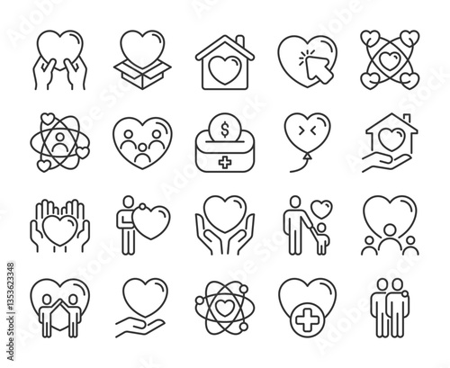 Care icons. Love and friendship, Care and charity line icon set. Editable Stroke.