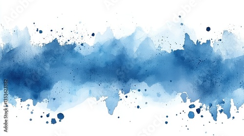 A blue watercolor painting featuring splashes and abstract brushstrokes