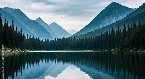 A serene mountain landscape with misty peaks, a calm lake reflecting the sky, and lush green forests.