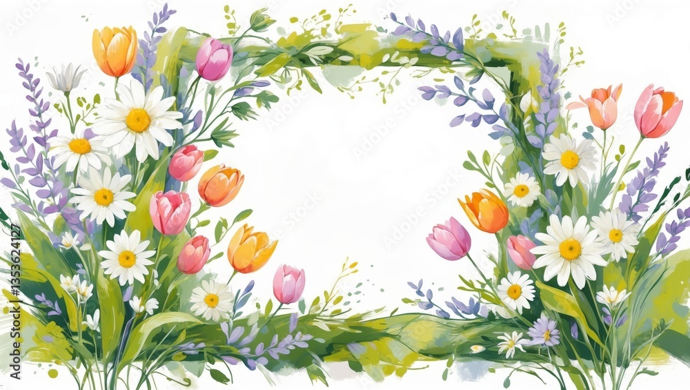 Obraz premium Botanical watercolor frame with tulips, daisies, foliage, and blank space for your text