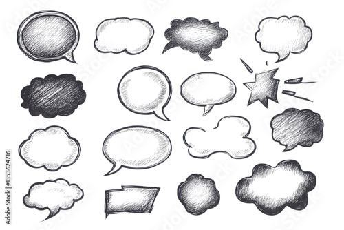 Collection of hand drawn speech bubbles and thought clouds on a black background design element