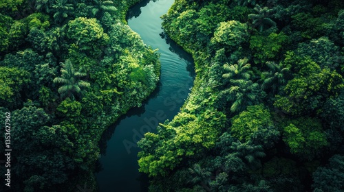 Serpentine river meanders through vibrant tropical rainforest canopy aerial panorama