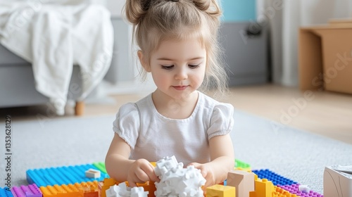 Adorable toddler girl plays with colorful blocks photo