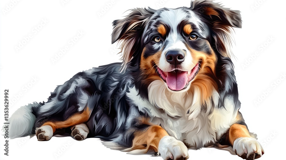 Fototapeta premium Happy Australian Shepherd dog lying on a white background, showcasing its playful demeanor and vibrant fur