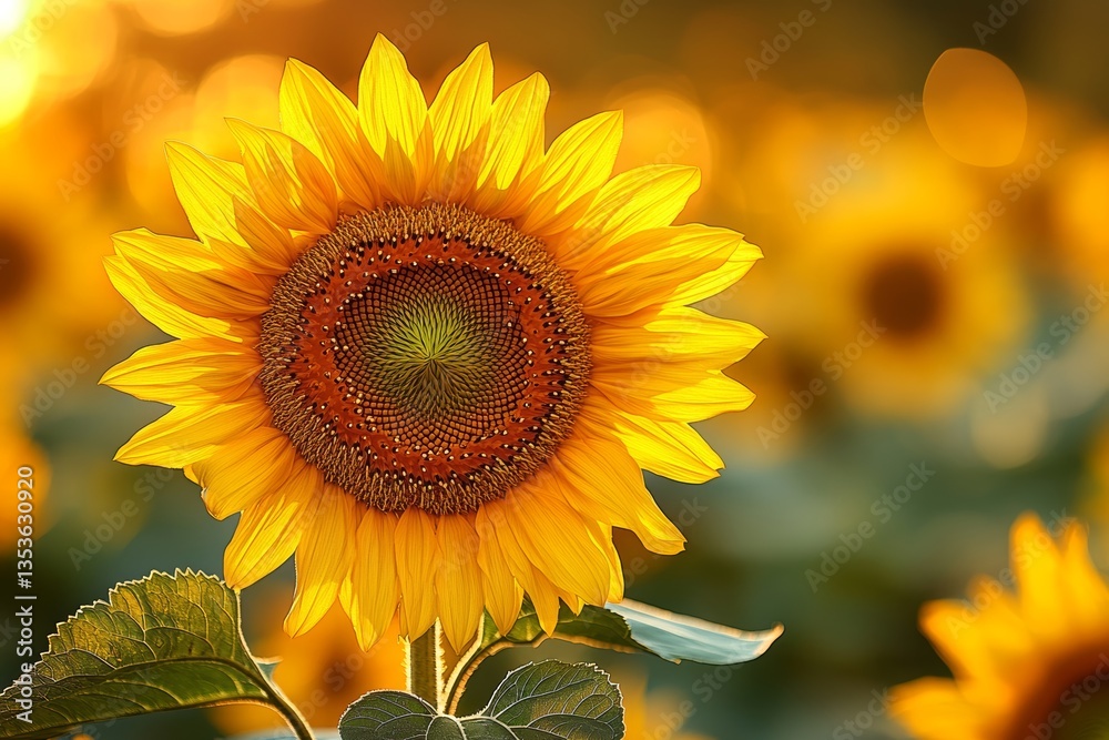 Naklejka premium Close-up of vibrant sunflower field with bright yellow petals and textured brown center. Concept of serene beauty in sunflower field, perfect for floral lovers. Flowers included.