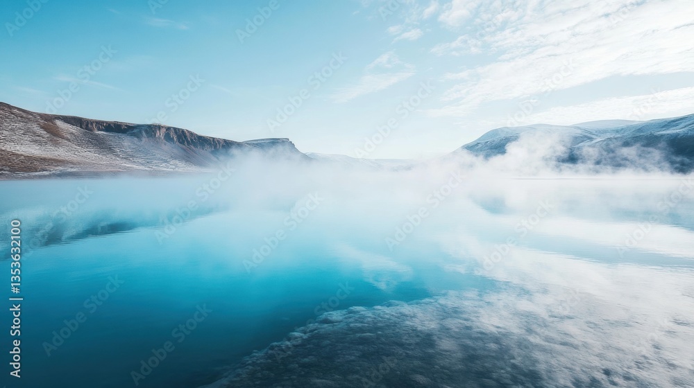 Naklejka premium Steam Rising from a Clear Geothermal Lake Surface