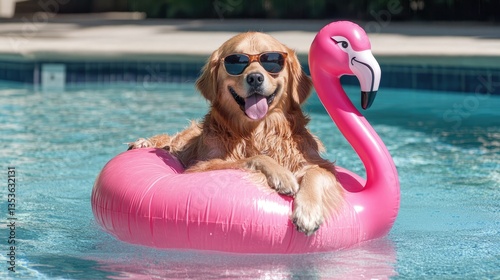 A golden retriever wearing sunglasses floats happily on a pink flamingo pool float in a sunny backyard setting