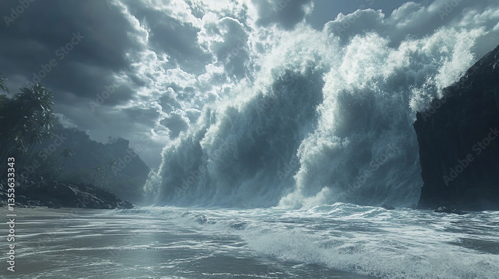 Fototapeta premium Dramatic ocean waves crashing against the tropical coastline with storm clouds
