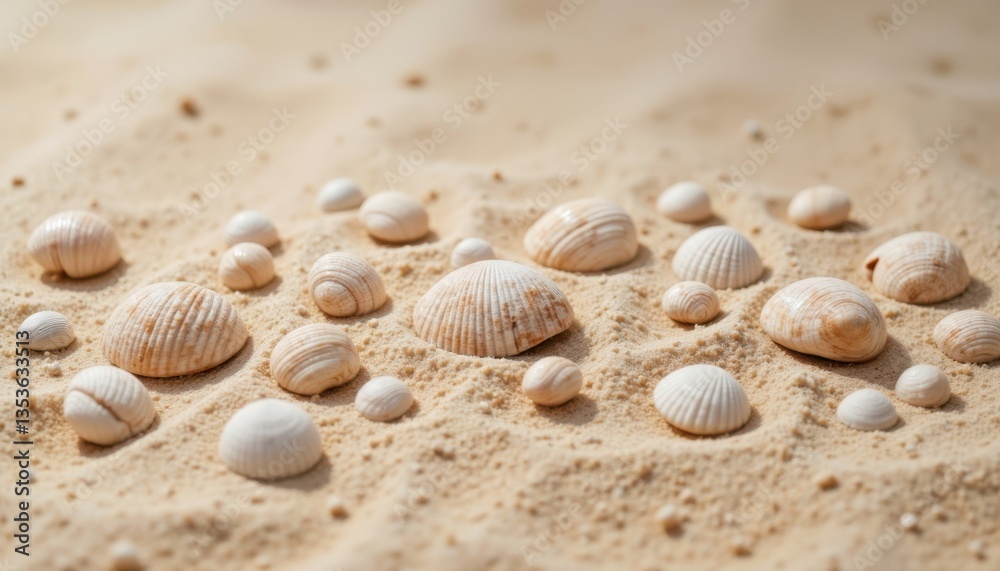 Still Life with Shells Create an artistic still life composition featuring various seashells scattered on a bed of fine sand