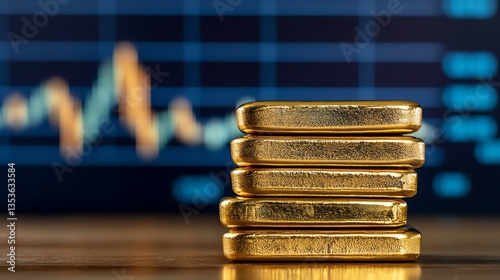 gold price commodity stability Stack of gold bars with financial data backdrop.