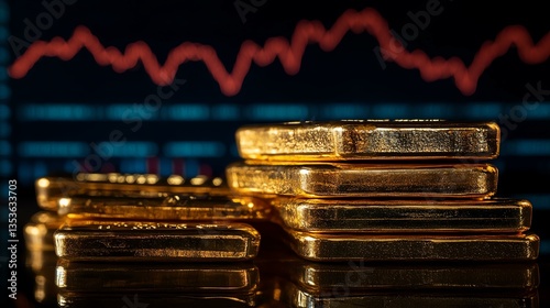 gold price commodity stability Stacks of gold bars with financial graph backdrop.