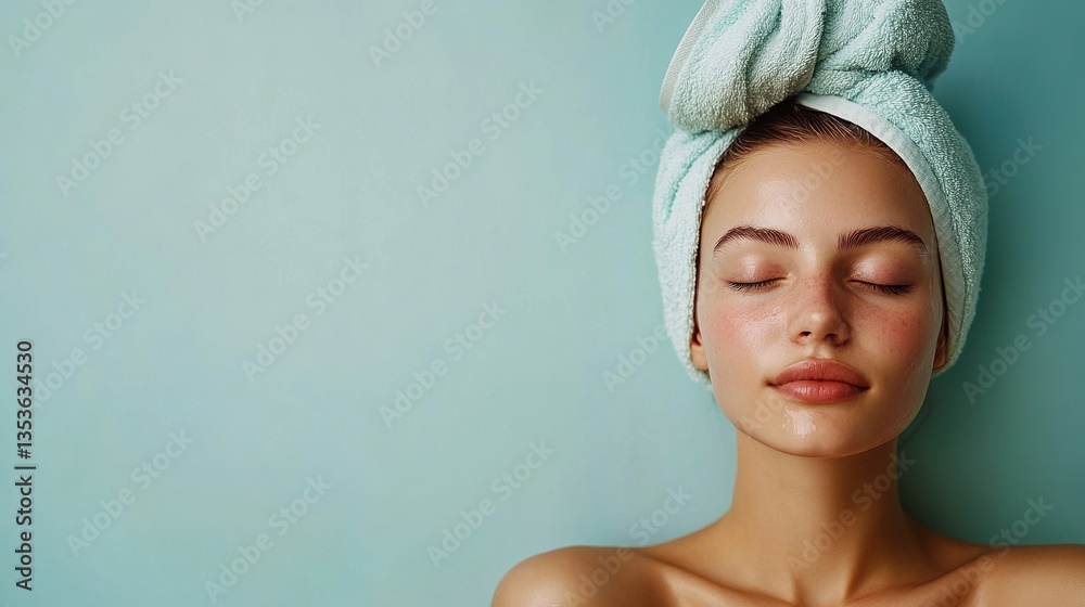 Woman Enjoying Spa Facial Treatment with Towel Wrap on Head Woman Enjoying Spa Facial Treatment with Towel Wrap on Head