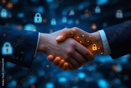 Digital handshake symbolizing cybersecurity and trust in business technology.