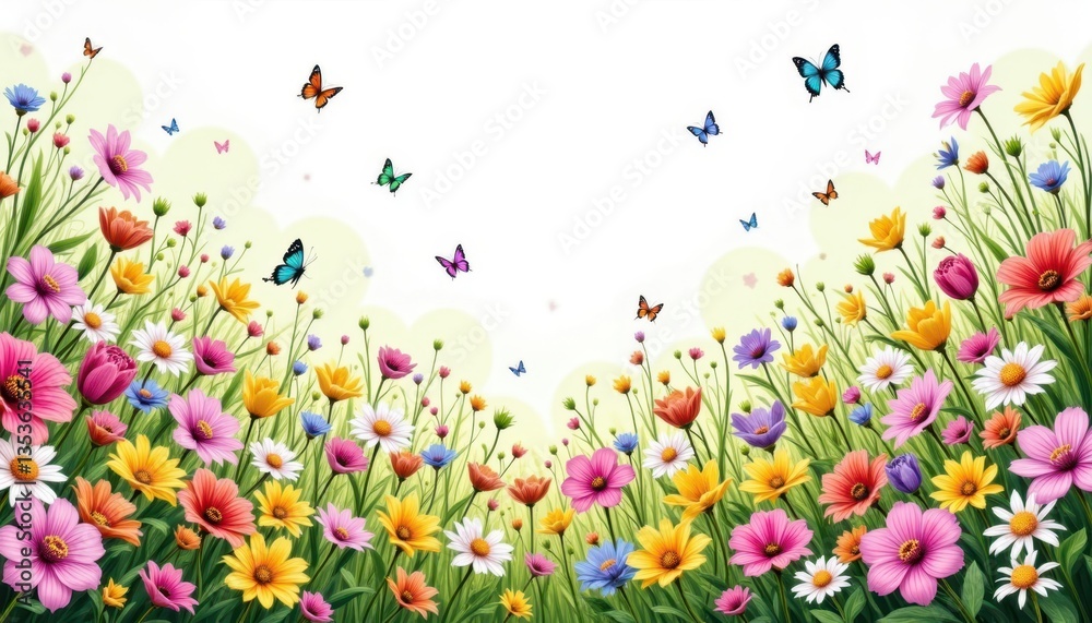 Fototapeta premium Garden Scene Illustrate a blooming garden filled with an abundance of flowers in various colors and sizes, with butterflies fluttering about
