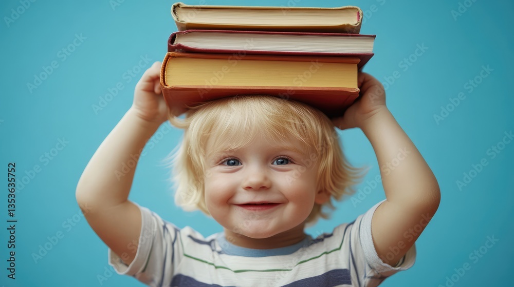 A joyful child balancing colorful books on their head, smiling against a bright blue background, showcasing playfulness A joyful child balancing colorful books on their head, smiling against a bright blue background, showcasing playfulness