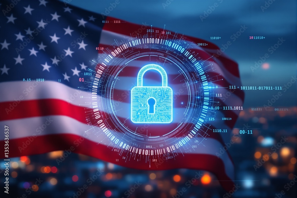Cybersecurity concept with digital padlock and American flag.