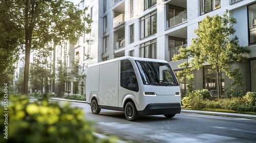 Electric Delivery Van on City Street: Sustainable Urban Transportation