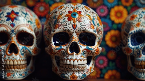 Decorative sugar skull with colorful patterns placed against a textured background highlighting the craftsmanship of traditional artwork during a cultural celebration