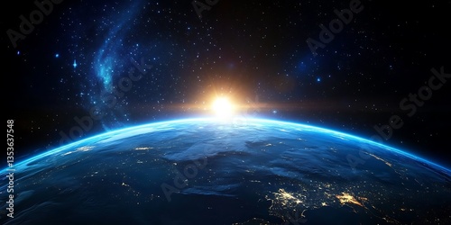 Fototapeta Naklejka Na Ścianę i Meble -  Blue globe earth in space lit by the sun's light